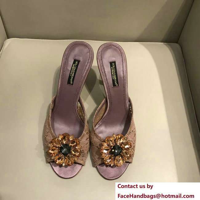 Dolce  &  Gabbana Heel 7cm Slippers Dark Purple In Lace With Crystals 2018